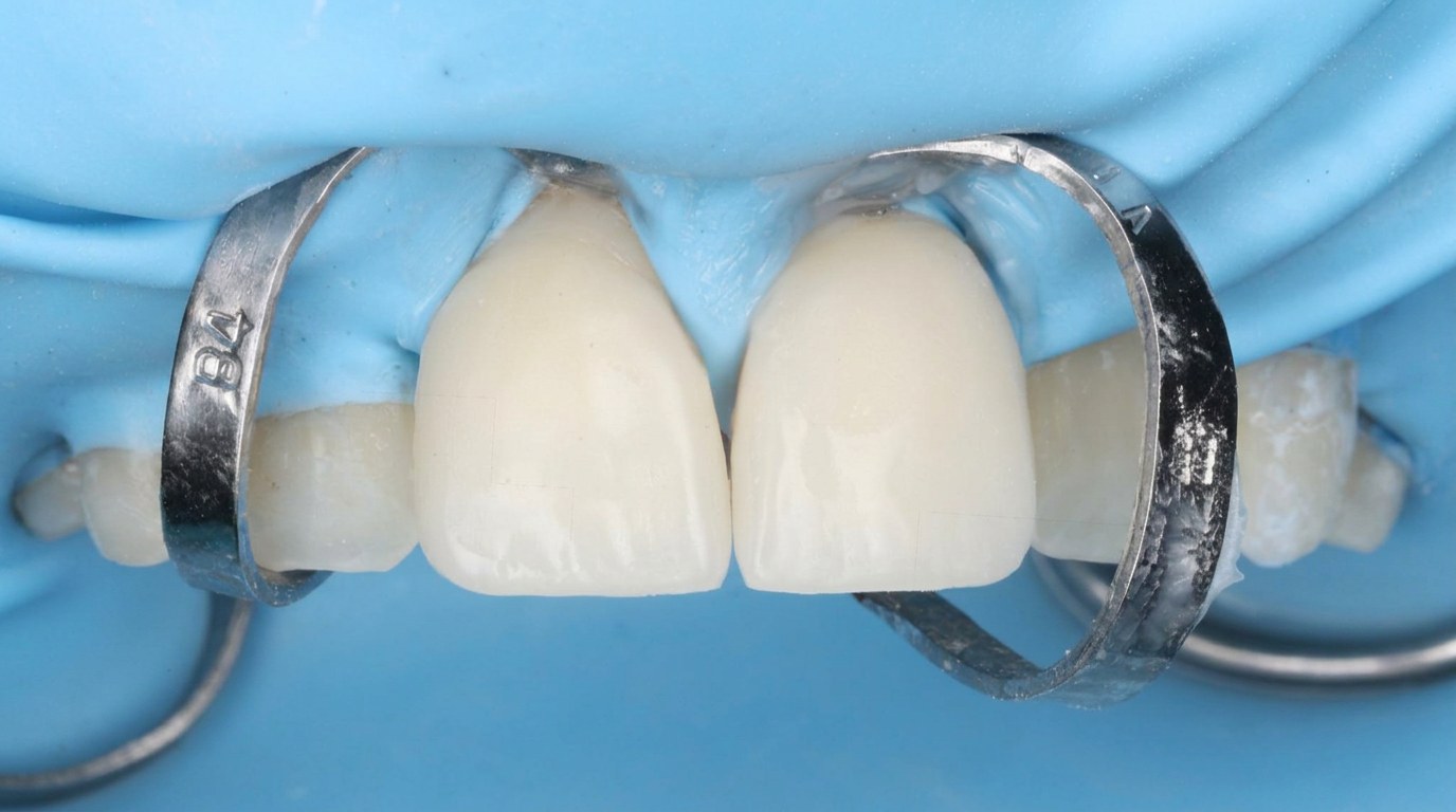 Two seated porcelain veneers, isolated by a blue dental dam.